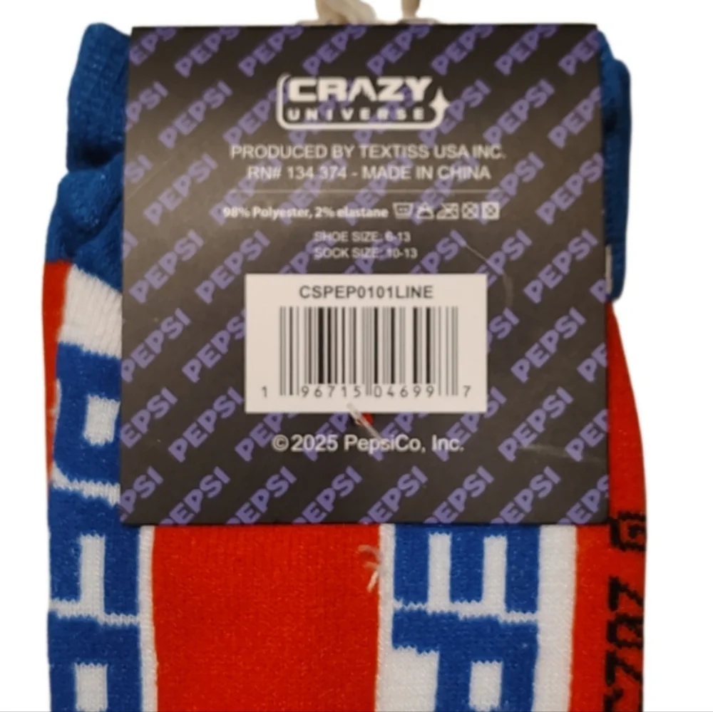 Pepsi Branded Crew Socks in Red, Blue, and White Unisex
